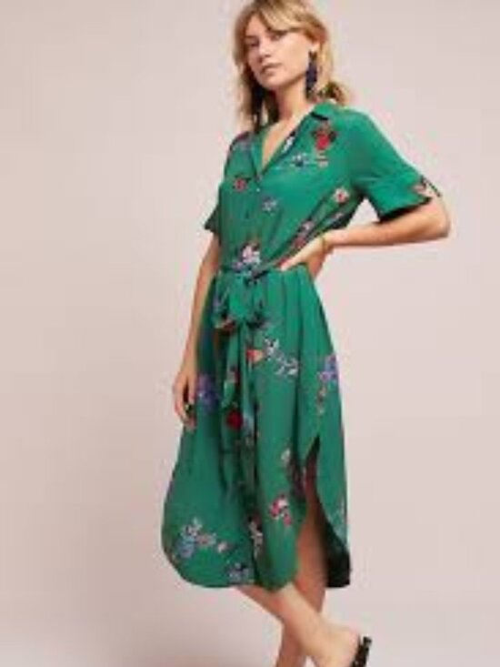 Maeve Dresses & Skirts - Maeve Anthropologie Green Floral Shirt Dress | Tie Waist | Side Pockets | XS